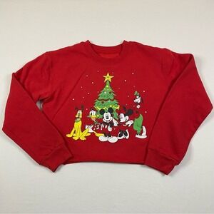 Disney Christmas Sweatshirt Women's Medium Cropped‎ Mickey Mouse Cartoon Tree
